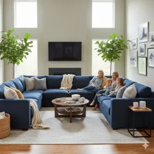 A modern living room featuring a large navy blue chenille sectional sofa, ideal for family gatherings.