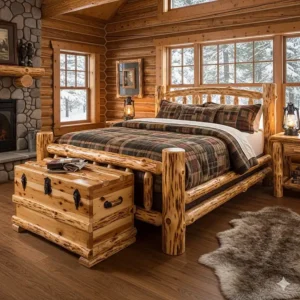 A rustic log cabin-style bedroom with heavy, sturdy log furniture, including a bed and a trunk.