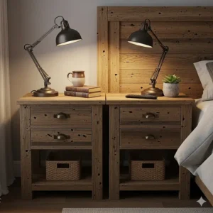 A pair of matching rustic wood nightstands, one on each side of a bed, holding a lamp and a book.