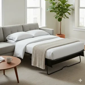 Functional mid century modern sleeper sectional with the pull-out bed deployed, perfect for accommodating overnight guests.