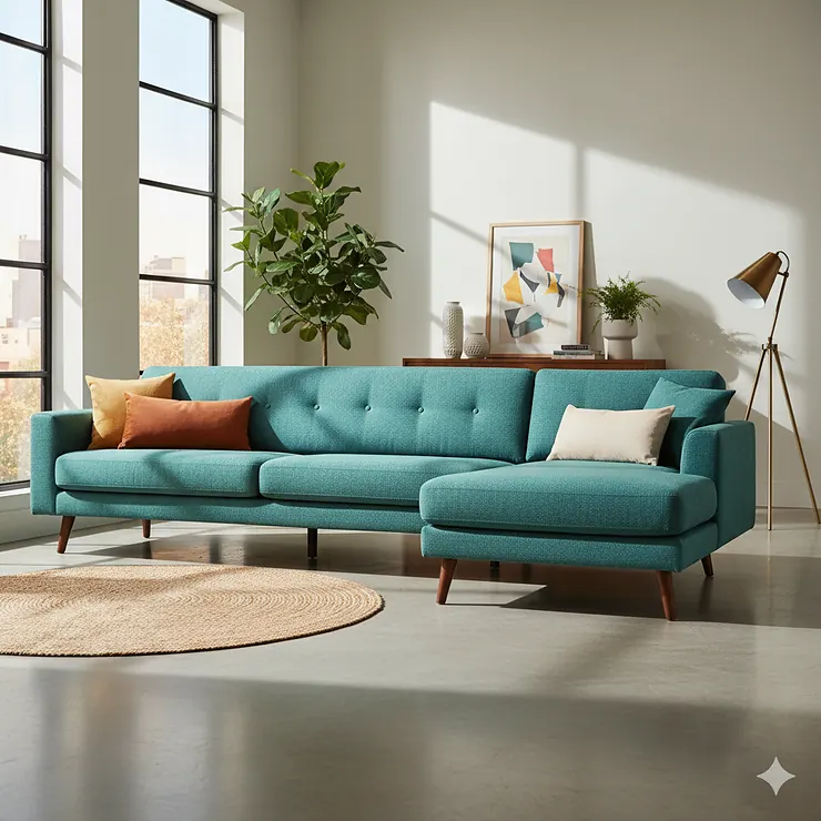A gorgeous teal mid century modern sectional sofa with a chaise lounge, tapered wooden legs, and button tufting, the perfect focal point for a contemporary living room.