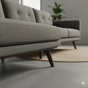 Close-up of the sleek, tapered wooden legs that define the timeless style of mid century modern sectional sofas.