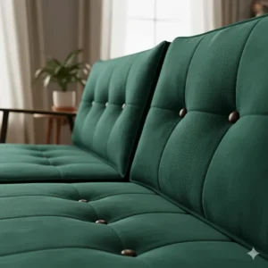 Detail shot showing the elegant button tufting on the back cushions of a vintage-inspired mid century modern sectional sofa.