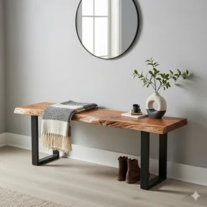 A stylish entryway bench with a live-edge wooden seat and industrial-style black metal legs, blending rustic charm with modern design.