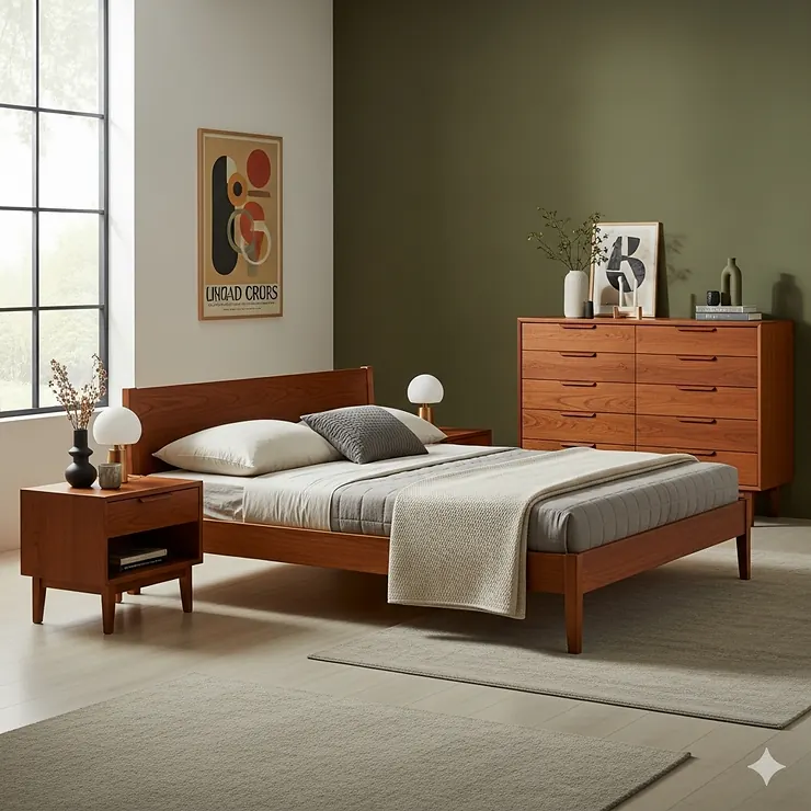 Mid-century bedroom furniture set featuring a low-profile teak bed, matching nightstands, and a sleek dresser.