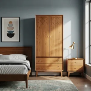 Tall mid-century modern armoire providing extra storage space for a complete bedroom set.