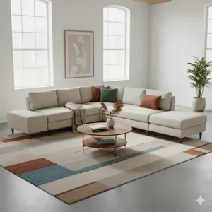 Full view of a mid-century modular vintage sectional sofa in a neutral tweed fabric, demonstrating its flexible arrangement.