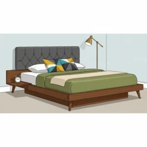 Detailed illustration of a mid-century modern platform bed with tapered legs and a tufted headboard.
