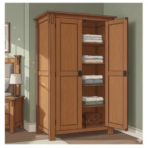A tall mission-style armoire or wardrobe, featuring two large doors and internal shelving for ample storage in a bedroom.