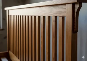 Close-up detail of a **mission style** bed frame, highlighting the quality craftsmanship and straight vertical slats typical of this classic design.