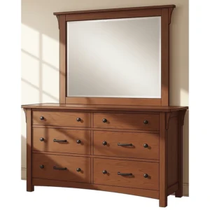 A beautiful mission-style dresser with a large, matching mirror, showcasing its flush-mount drawers and dark wood stain.