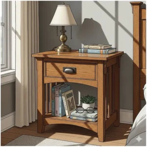 A compact mission nightstand with a single drawer and open shelf, ideal for holding a lamp and books next to a bed.