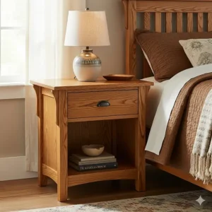 A small, practical **mission style nightstand** with a single drawer and open shelf, perfect for a cozy bedroom setup.