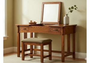 A stylish **mission style** vanity and stool set for the bedroom, featuring a simple design and deep wood tone.