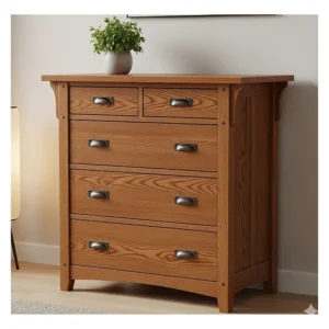 A five-drawer mission-style chest, providing vertical storage and complementing other bedroom furniture pieces.