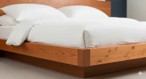 A close-up view of a modern cherry platform bed, highlighting its clean lines and minimalist design.