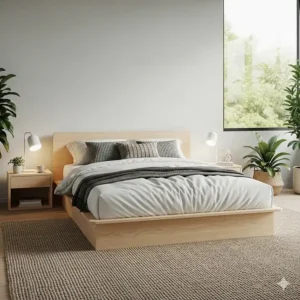 A contemporary bedroom with a platform bed crafted from light-colored wood, featuring a low profile design.
