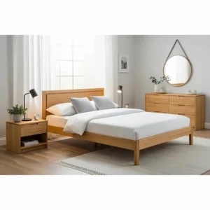 A complete set of modern oak bedroom furniture, including a low-profile bed and minimalist dresser.