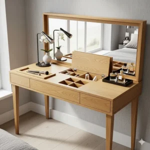 A sleek and modern oak vanity desk with a built-in mirror and small compartments, ideal for a contemporary bedroom.
