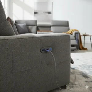 A close-up of the convenient built-in USB port and charging station on the arm of the modern reclining sectional sofa.