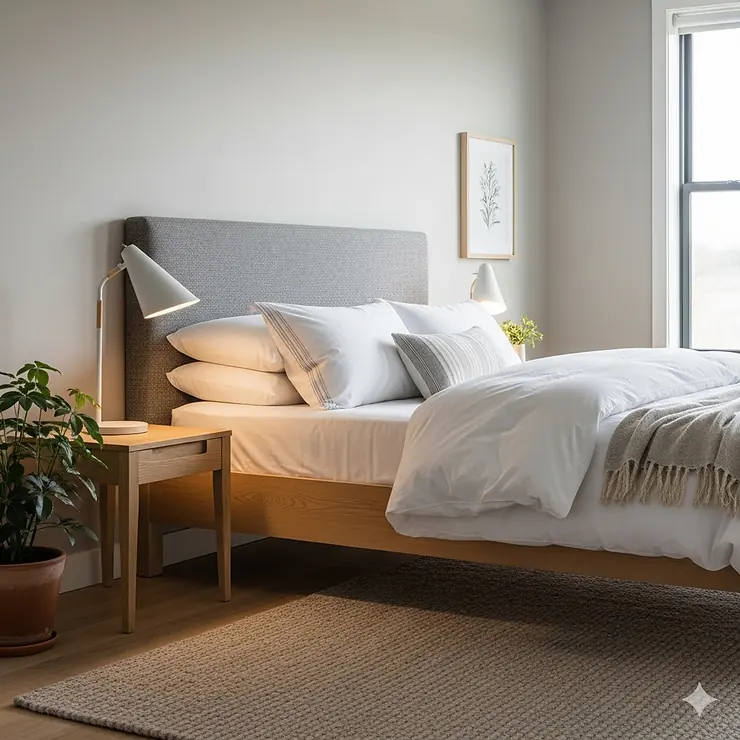 A cozy, modern rustic bedroom featuring a light-wood bed frame with a textured gray headboard, soft white bedding, and a simple wool rug. The design blends clean modern lines with rustic warmth through natural materials and a neutral color palette. modern rustic bedroom furniture