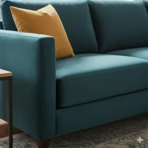 A close-up view of a modern teal sectional sofa highlighting its contemporary design and fabric texture.