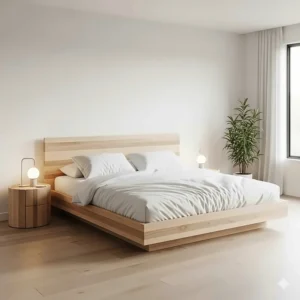 A modern king bed with clean lines, built from solid wood, perfect for a minimalist bedroom design.