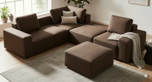 Modular brown sectional sofa that can be rearranged into different configurations.