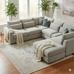 An aerial view showing the flexible modular pieces of the chenille sectional sofa arranged in an L-shape.