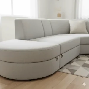 Close-up showing the modular configuration of a curved sectional, ideal for adapting to tight or irregular small spaces.