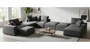 Example of a modular arrangement for the versatile dark gray sectional pieces.
