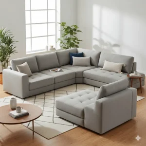 An innovative modular sectional sofa with microfiber upholstery, highlighting its flexible and customizable arrangement options.
