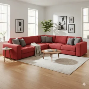 A versatile modular red sectional sofa reconfigured into a new L-shaped arrangement to suit a different room layout.