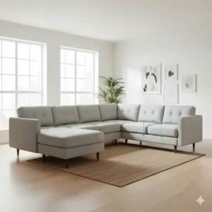 A versatile, modular mid century modern sectional sofa shown with its pieces separated, illustrating the easy-to-reconfigure design for different room layouts.