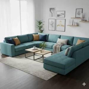 A versatile modular teal sectional sofa shown in a U-shaped configuration, suitable for large families.