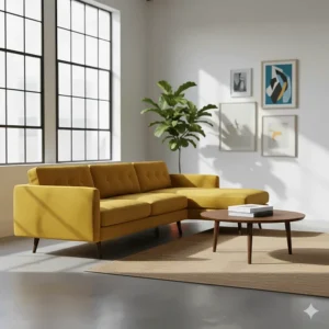 Statement-making mid century modern sectional sofa upholstered in a luxurious, bright mustard yellow velvet fabric.