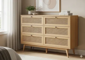 A modern wooden dresser with woven rattan drawer fronts, offering practical and natural bedroom storage solutions.