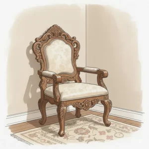 A carved antique oak chair with a plush seat, suitable for a bedroom corner.