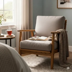 A comfortable oak accent chair with a cushioned seat, perfect for a cozy reading nook in a bedroom.
