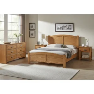 A beautiful and elegant oak bedroom furniture set featuring a bed frame, two nightstands, and a dresser. The natural wood grain and warm tones of the solid oak create a cozy and timeless aesthetic for any bedroom.