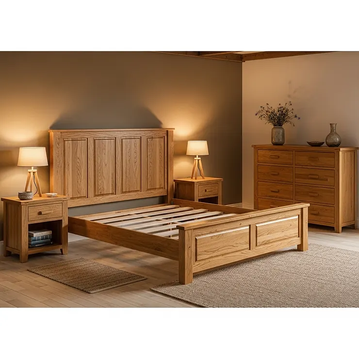 A complete solid oak bedroom furniture set, including a bed frame, nightstands, and a dresser, creating a warm and rustic ambiance.
