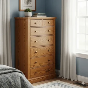 A tall oak chest of drawers, offering vertical storage and a space-saving solution for smaller bedrooms.
