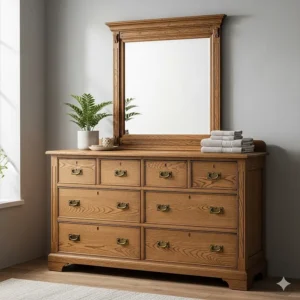 A large oak dresser with multiple drawers for ample storage, paired with a matching wooden-framed mirror.