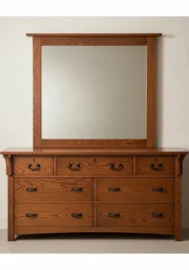 A substantial oak **mission style bedroom furniture** dresser with dark metal hardware and a framed rectangular mirror above it.