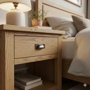 A close-up of a rustic light oak nightstand with a single drawer and an open shelf, sitting beside a bed.
