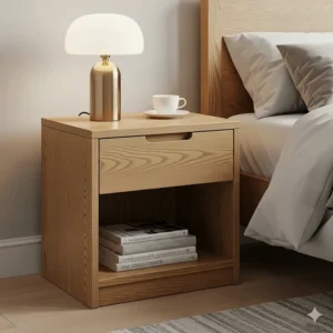 A stylish oak nightstand with a single drawer and an open shelf, perfect for holding a bedside lamp and books.