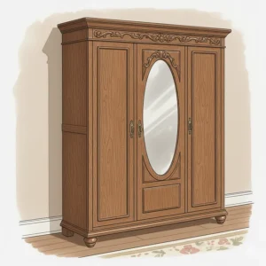 A stunning antique oak vanity with an ornate, pivoting mirror and several drawers.