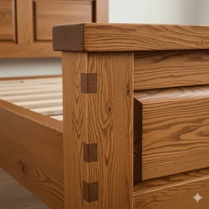 Close-up shot of a sturdy oak wood bed frame, showcasing the rich texture and durable craftsmanship.