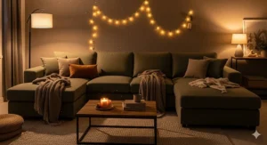 The inviting olive green sectional sofa captured under warm evening lighting, perfect for a cozy night in.