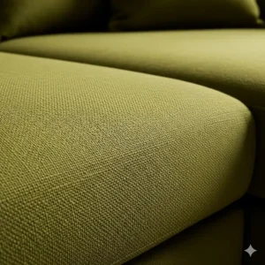 Close-up shot showing the durable velvet or linen fabric texture of the olive green sectional sofa.